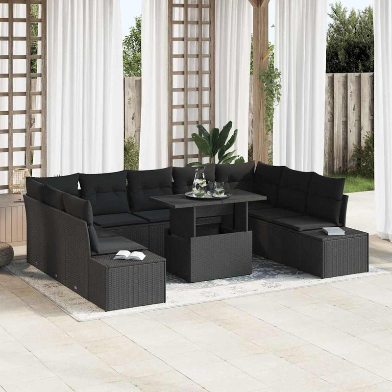 vidaXL Garden Sofa Set with Cushion 10 pcs Black Poly Rattan