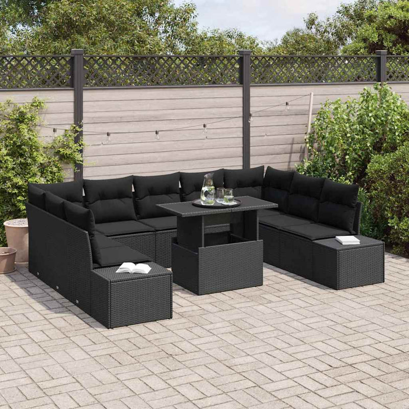 vidaXL Garden Sofa Set with Cushion 10 pcs Black Poly Rattan