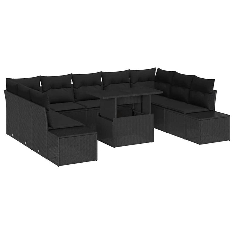 vidaXL Garden Sofa Set with Cushion 10 pcs Black Poly Rattan