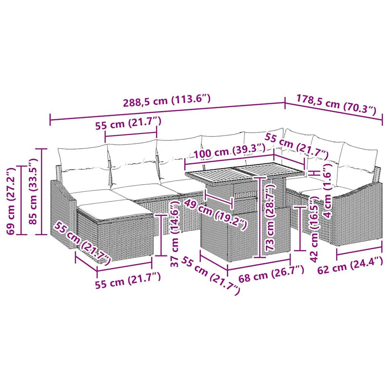 vidaXL Garden Dining Set with Cushion 9 pcs Black and Brown