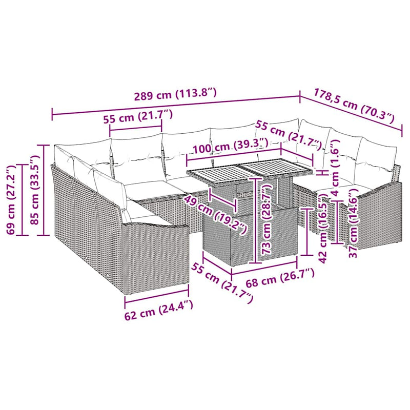 vidaXL Garden Dining Set Manual 10 pcs Grey and Brown 100 x 55 x 73 cm