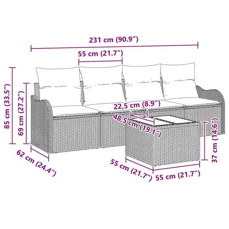 vidaXL Garden Sofa Set with Storage 5 pcs Black Poly Rattan