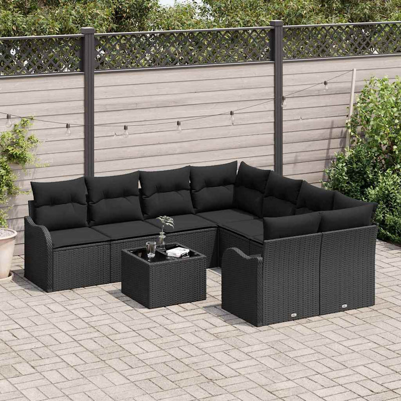 vidaXL Garden Sofa Set 9 pcs Black Poly Rattan and Steel and Glass