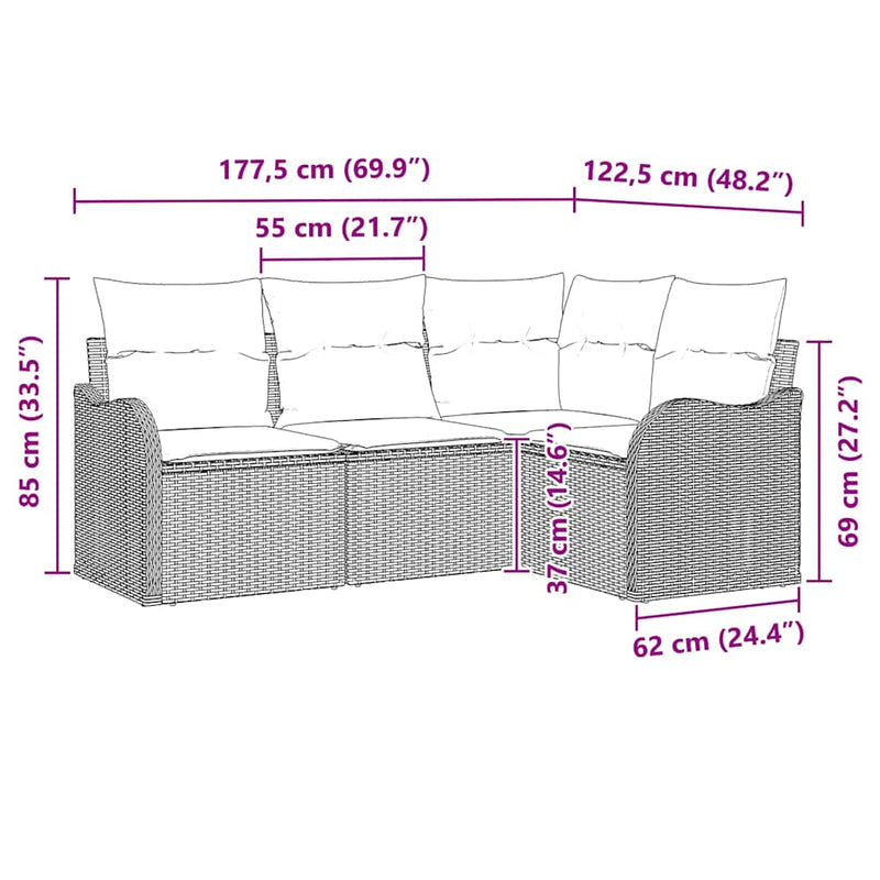 vidaXL Garden Sofa Set with Cushion 4 pcs Black Poly rattan