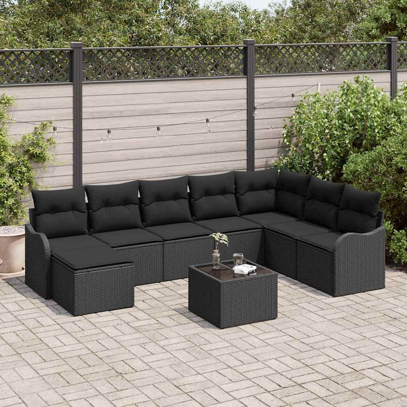 vidaXL Garden Sofa Set with Cushion 9 pcs Black Poly rattan
