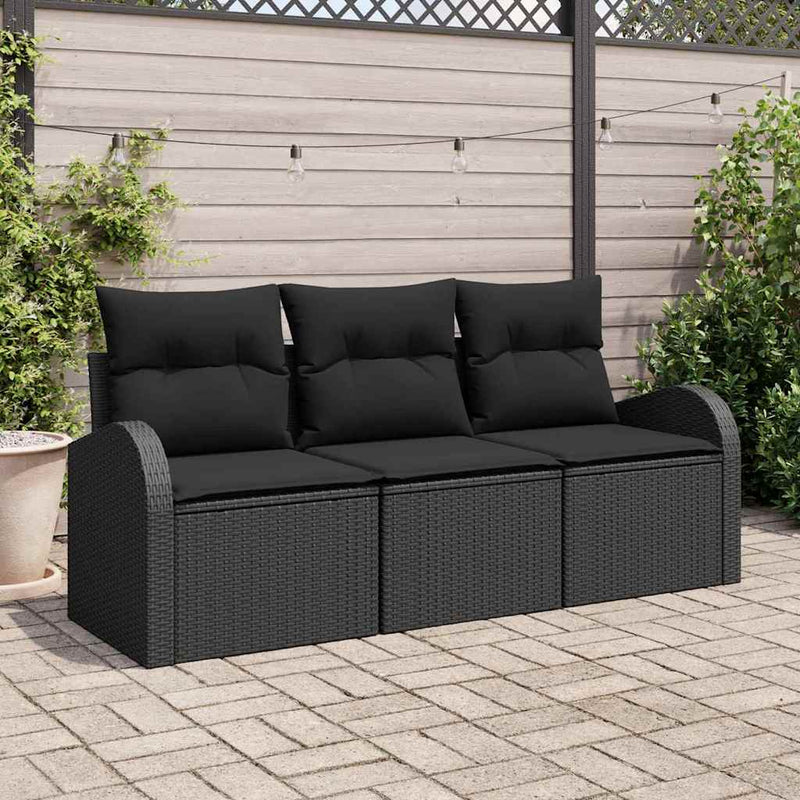 vidaXL Garden Sofa Set with Cushion 3 pcs Black Poly rattan