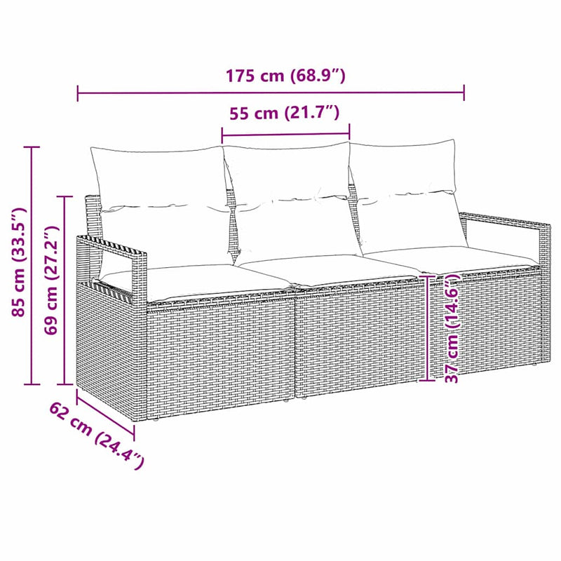 vidaXL Garden Sofa Set with Cushion 3 pcs Black Poly Rattan