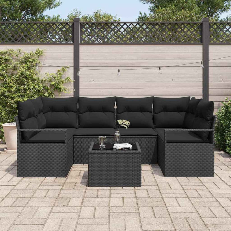 vidaXL Garden Sofa Set Manual 7 pcs Black Poly Rattan, Steel and Glass