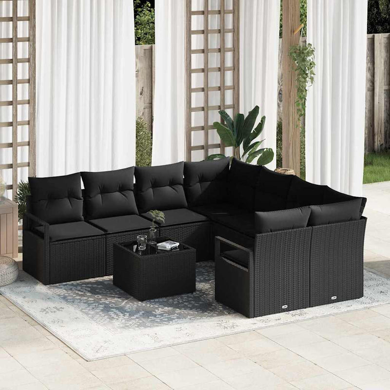 vidaXL Sofa Set with Cushion with Storage 9 pcs Black Poly Rattan