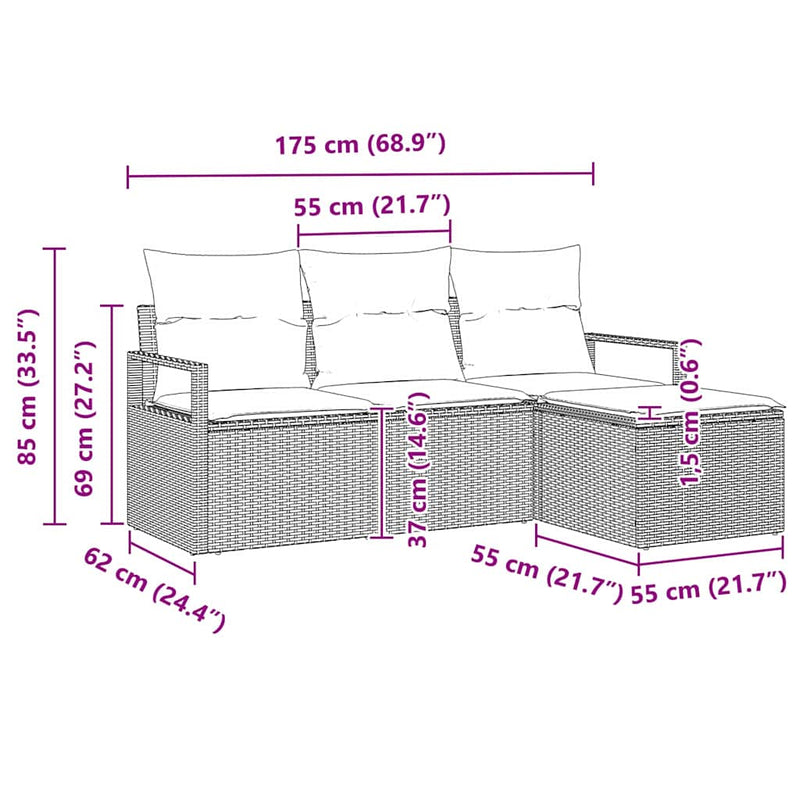 vidaXL Garden Sofa Set 4 pcs Black Poly Rattan and Powder-Coated Steel