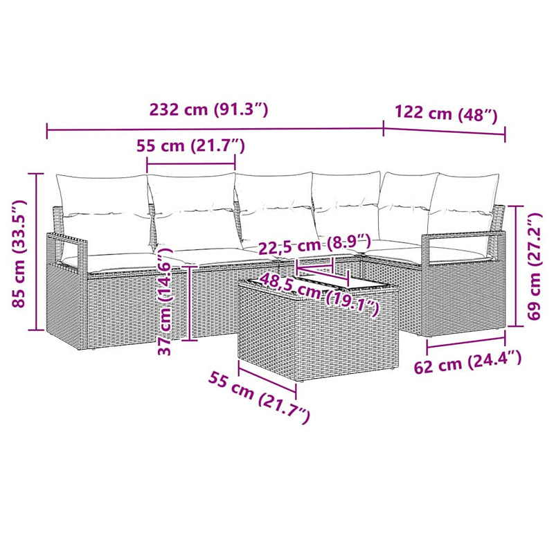 vidaXL Garden Sofa Set 6 pcs Black Poly Rattan and Powder-Coated Steel