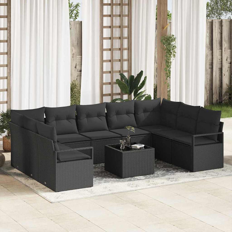 vidaXL Sofa Set with Cushion with Storage 10 pcs Black Poly Rattan