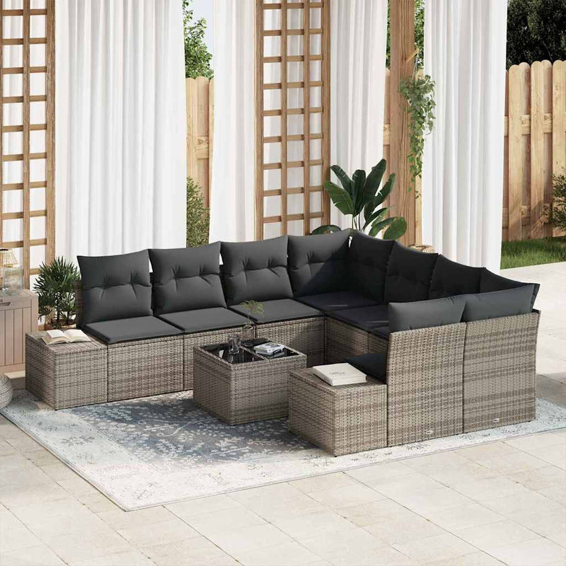 vidaXL Garden Sofa Set with Cushion 9 pcs Grey Poly Rattan