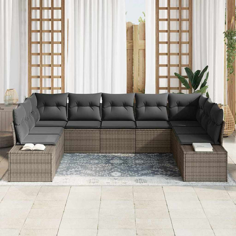 vidaXL Garden Sofa Set with Cushion 9 pcs Grey Poly Rattan