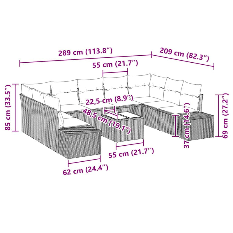 vidaXL Garden Sofa Set with Cushion 9 pcs Grey Poly Rattan