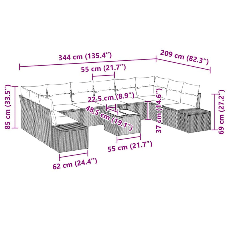 vidaXL Garden Sofa Set with Cushion 11 pcs Grey Poly Rattan