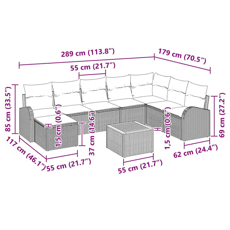vidaXL Garden Sofa Set 9 pcs Grey