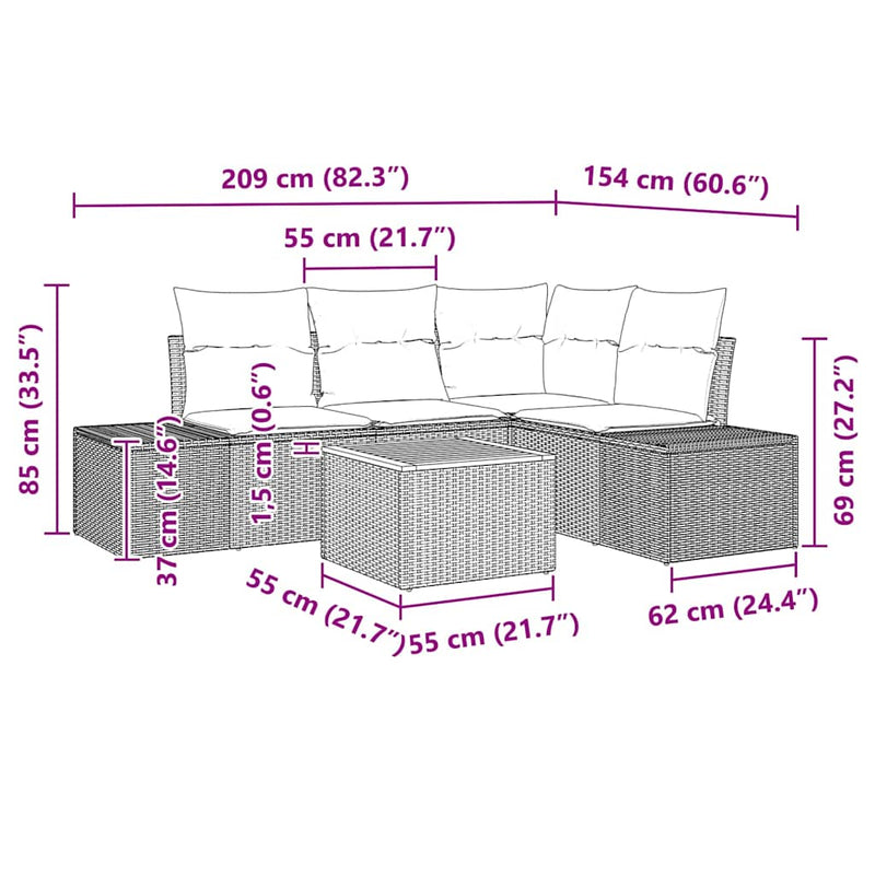 vidaXL Garden Sofa Set with Storage 5 pcs Grey Poly Rattan
