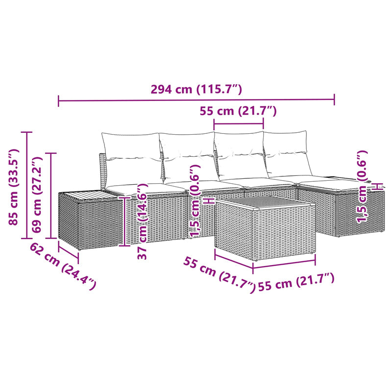 vidaXL Garden Sofa Set with Cushion 6 pcs Black Poly Rattan