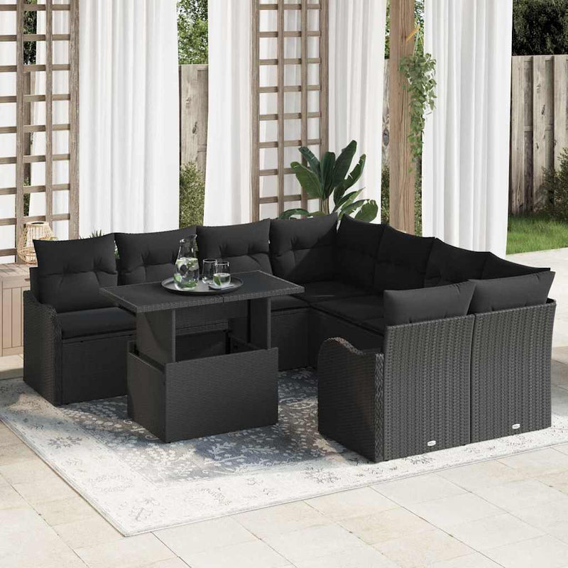 vidaXL Garden Sofa Set with Cushion Manual 9 pcs Black Poly Rattan
