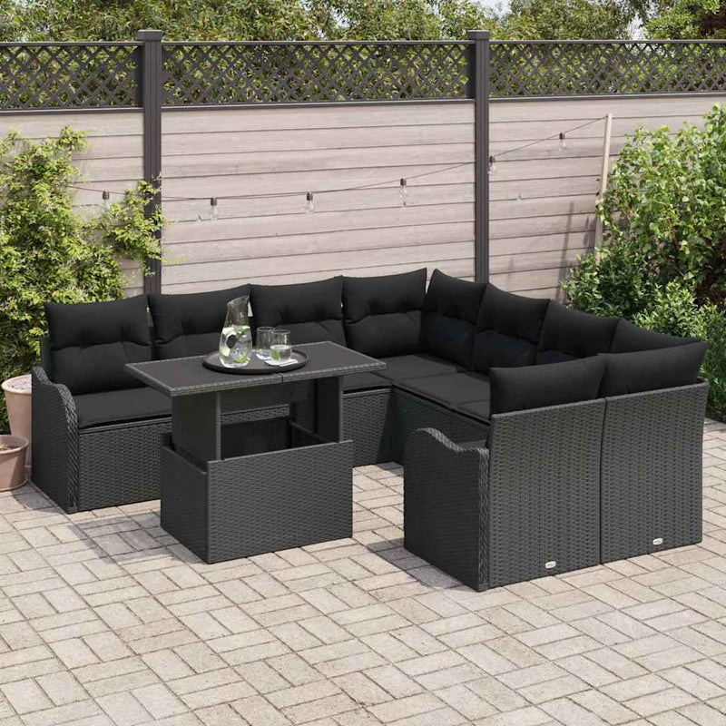 vidaXL Garden Sofa Set with Cushion Manual 9 pcs Black Poly Rattan