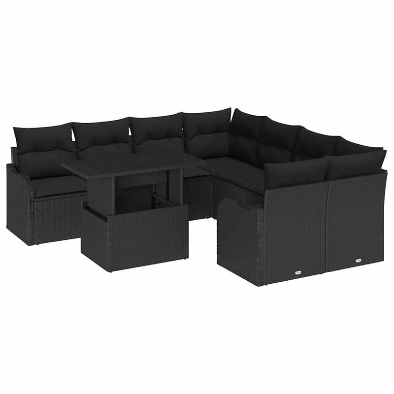 vidaXL Garden Sofa Set with Cushion Manual 9 pcs Black Poly Rattan