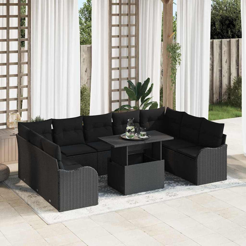 vidaXL Garden Sofa Set with Cushion Manual 10 pcs Black Poly Rattan