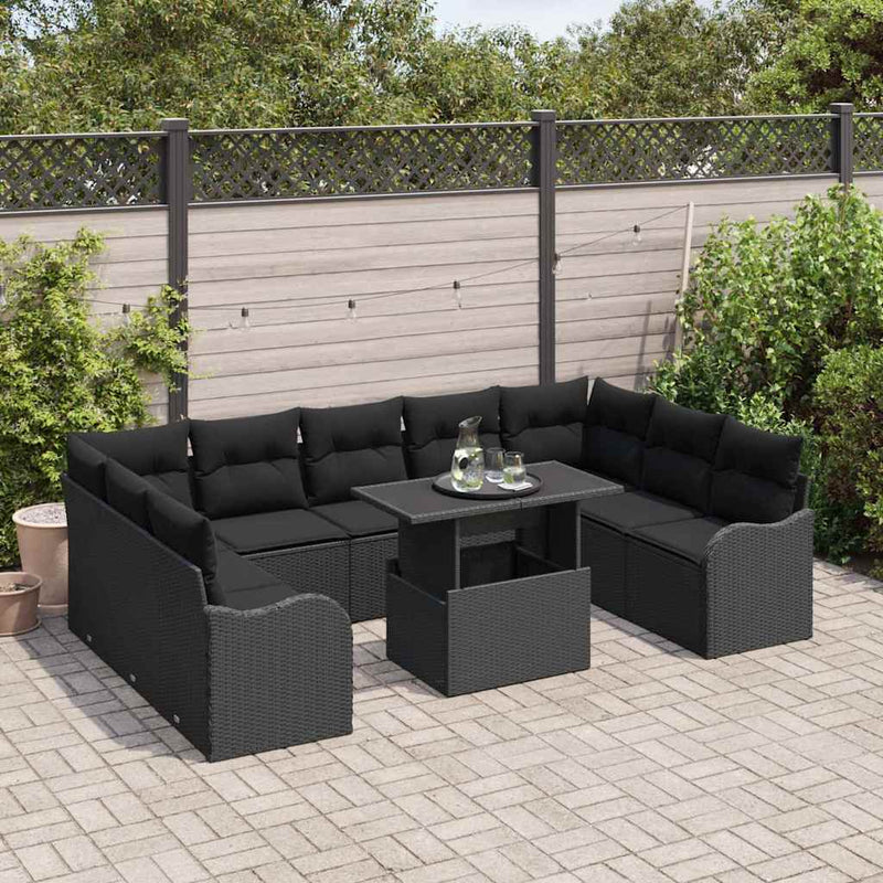 vidaXL Garden Sofa Set with Cushion Manual 10 pcs Black Poly Rattan