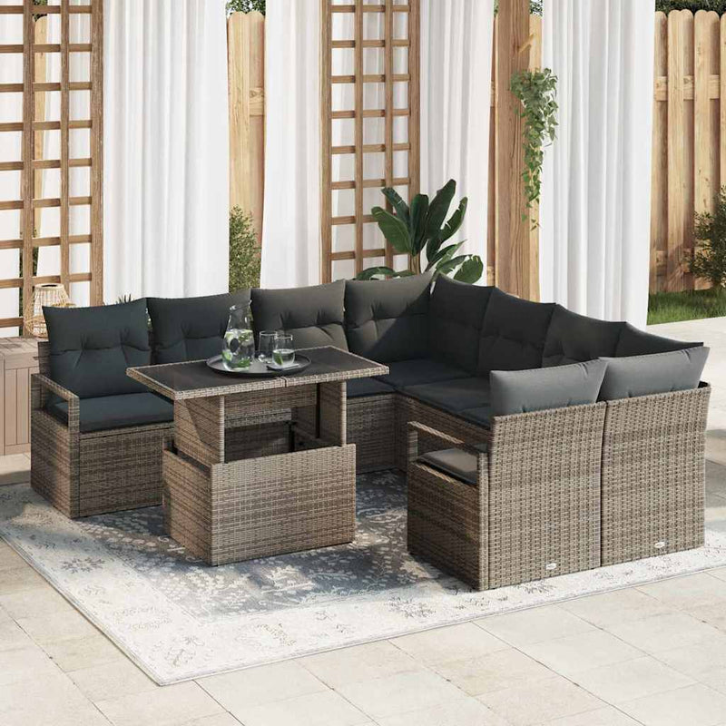 vidaXL Garden Sofa Set with Storage 9 pcs Grey Poly rattan