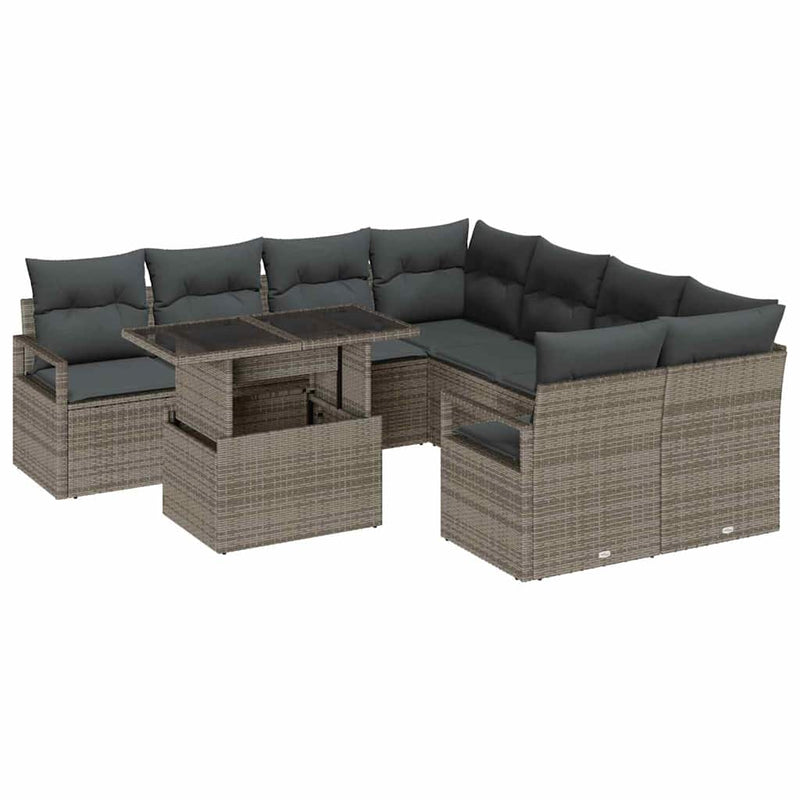 vidaXL Garden Sofa Set with Storage 9 pcs Grey Poly rattan