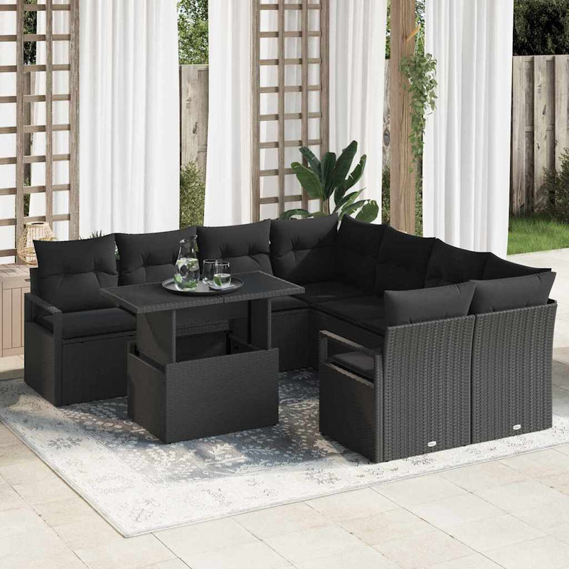 vidaXL Garden Sofa Set with Storage 9 pcs Black Poly rattan