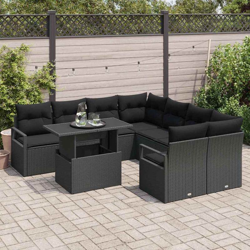 vidaXL Garden Sofa Set with Storage 9 pcs Black Poly rattan