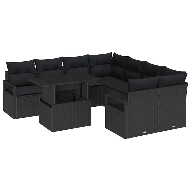 vidaXL Garden Sofa Set with Cushion 9 pcs Black Poly rattan