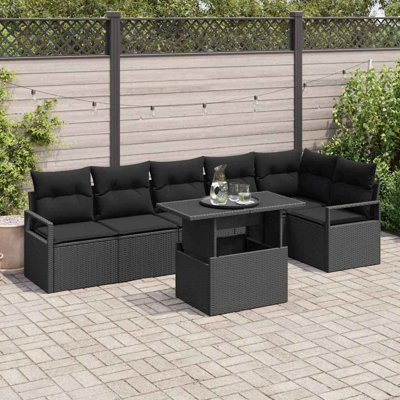 vidaXL Garden Sofa Set with Storage 7 pcs Black Poly rattan