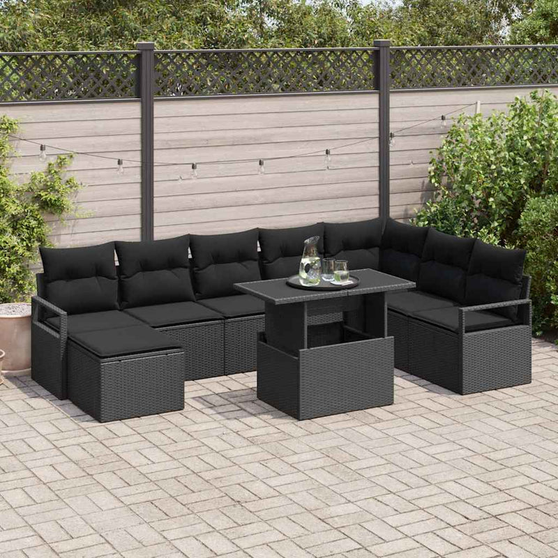 vidaXL Garden Sofa Set with Storage 9 pcs Black Poly rattan