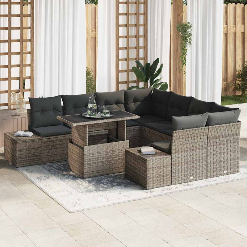 vidaXL Garden Sofa Set 9 pcs Grey Poly Rattan and Powder-Coated Steel