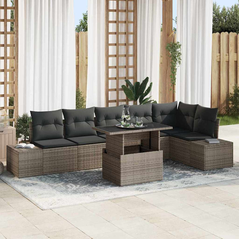 vidaXL Garden Sofa Set with Cushion 7 pcs Grey Poly Rattan