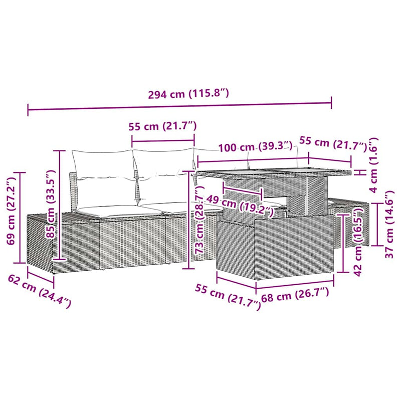vidaXL Garden Sofa Set with Storage 5 pcs Grey Poly rattan
