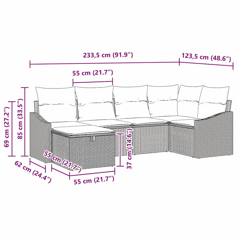 vidaXL Garden Sofa Set 6 pcs Grey Poly Rattan and Powder-Coated Steel