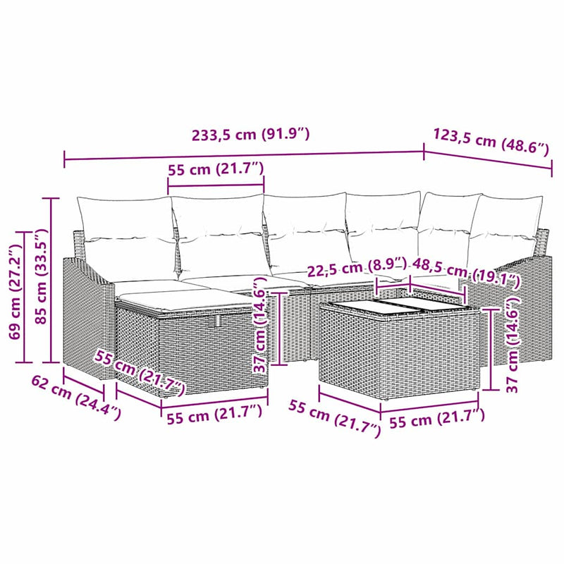vidaXL Garden Sofa Set 7 pcs Grey Poly Rattan and Powder-Coated Steel