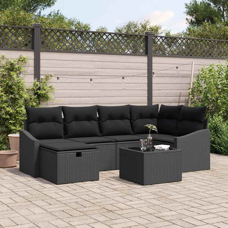 vidaXL Garden Sofa Set 7 pcs Black Poly Rattan and Powder-Coated Steel