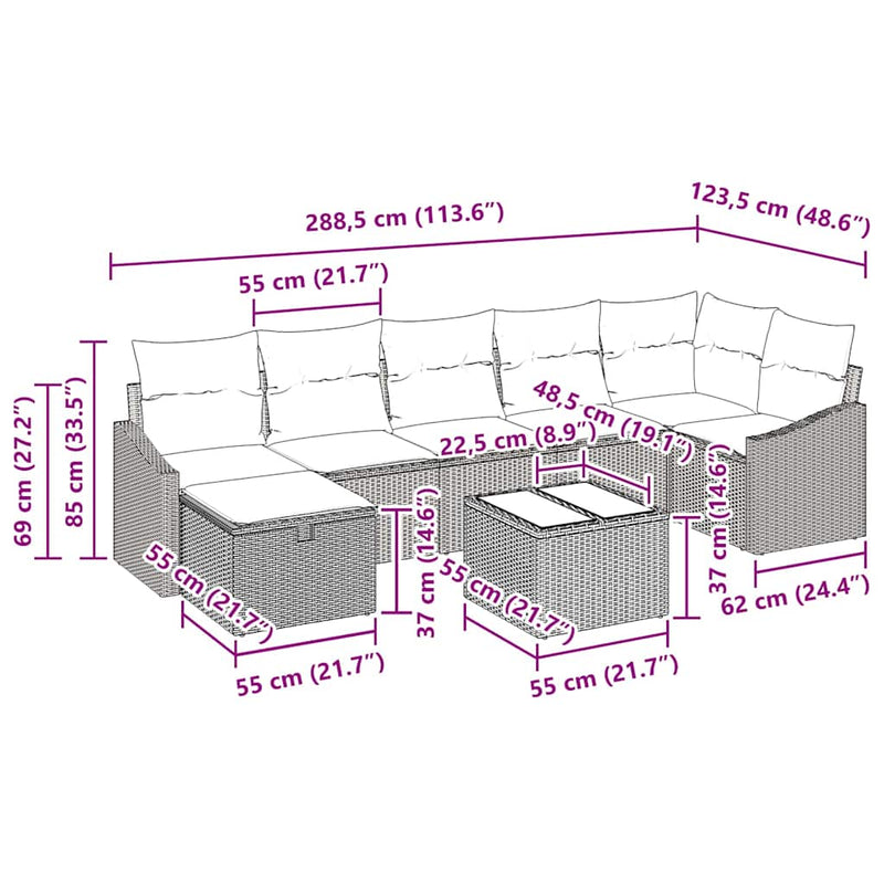 vidaXL Garden Sofa Set with Cushion 8 pcs Grey Poly rattan