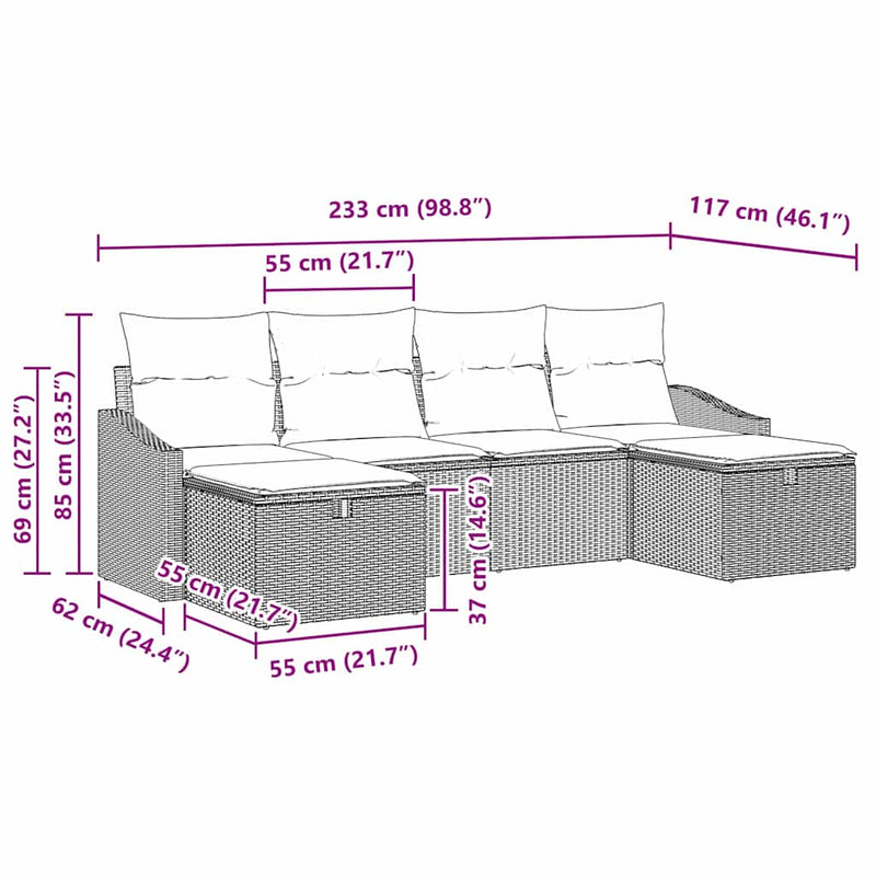 vidaXL Garden Sofa Set with Cushion 6 pcs Grey Poly rattan