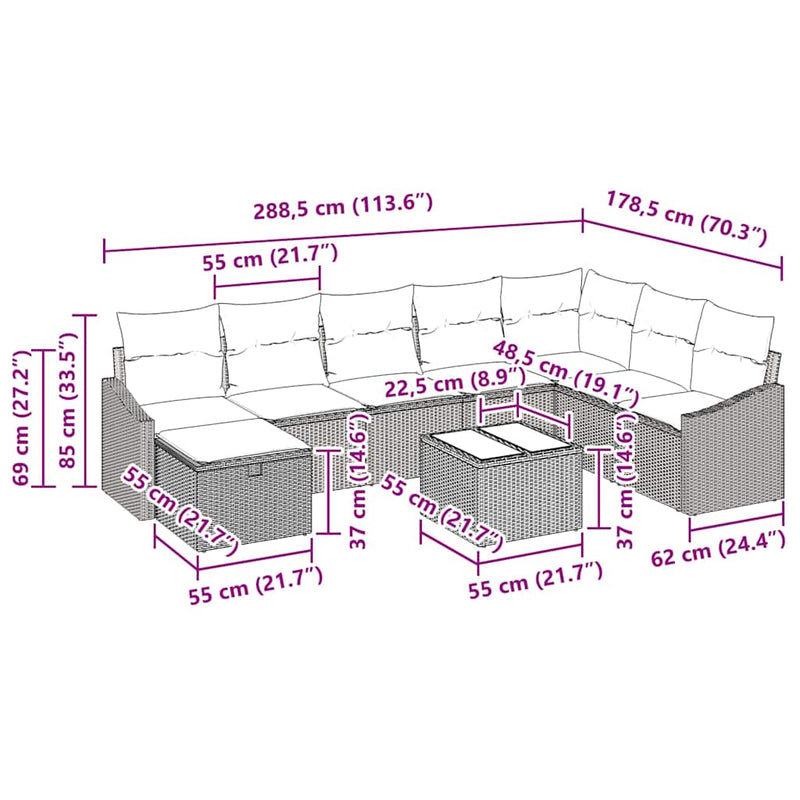vidaXL Garden Sofa Set with Cushion 9 pcs Black Poly rattan