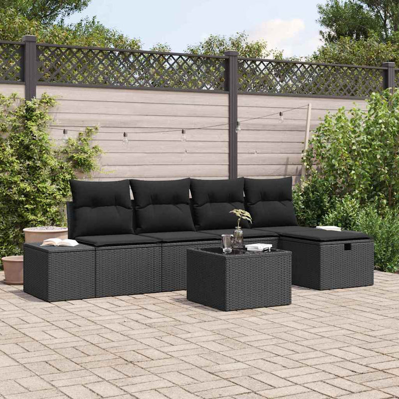vidaXL Garden Sofa Set with Cushion 6 pcs Black Poly Rattan