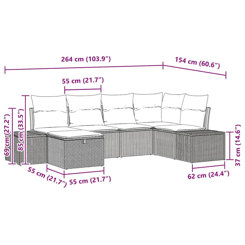 vidaXL Garden Sofa Set with Cushion 6 pcs Black Poly Rattan