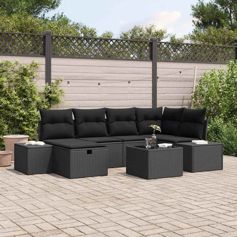 vidaXL Garden Sofa Set with Cushion 7 pcs Black Poly Rattan
