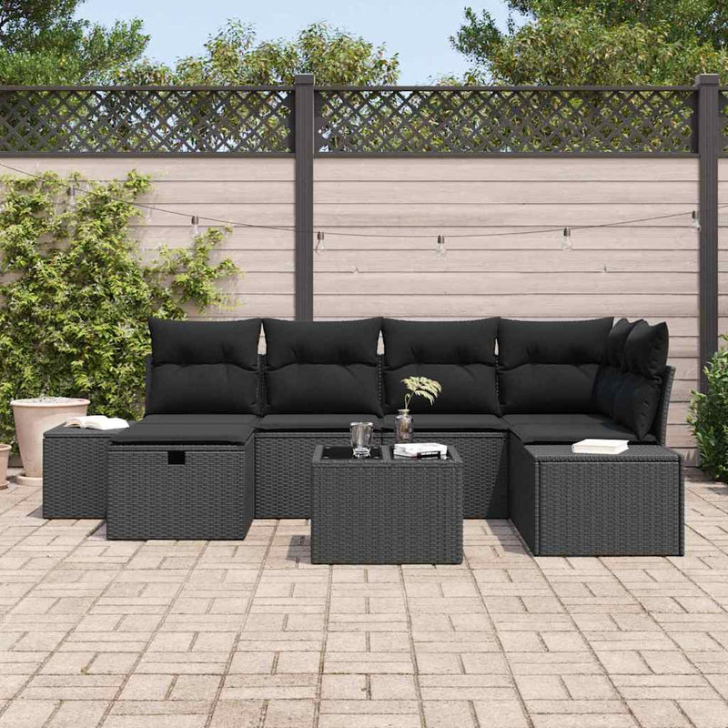 vidaXL Garden Sofa Set with Cushion 7 pcs Black Poly Rattan