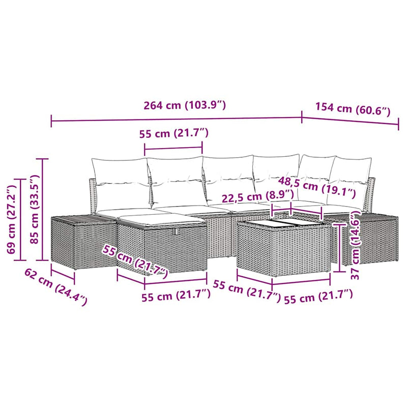 vidaXL Garden Sofa Set with Cushion 7 pcs Black Poly Rattan