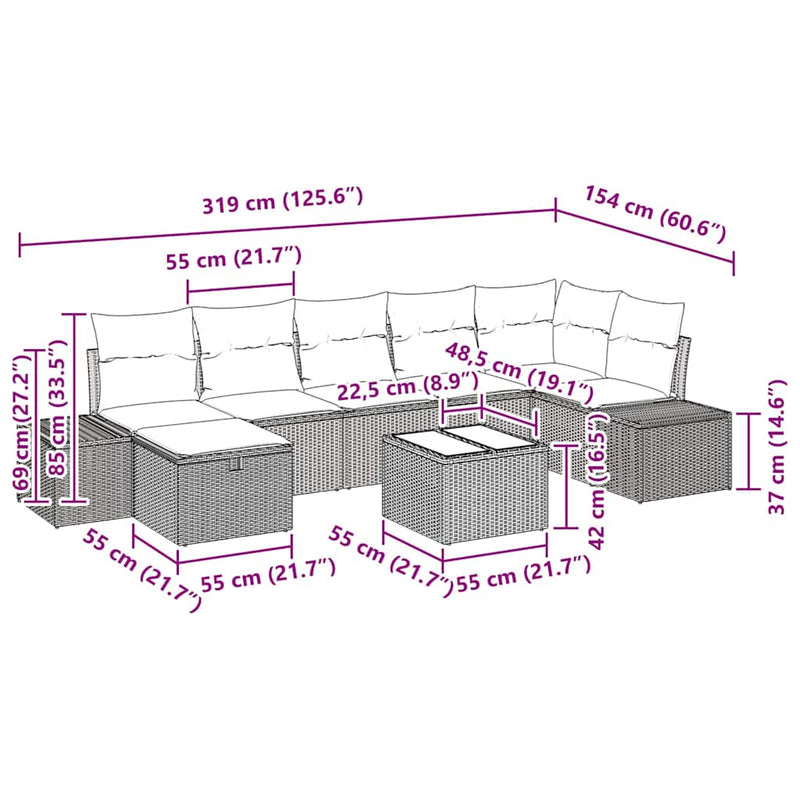 vidaXL Garden Sofa Set with Cushion 8 pcs Black Poly Rattan
